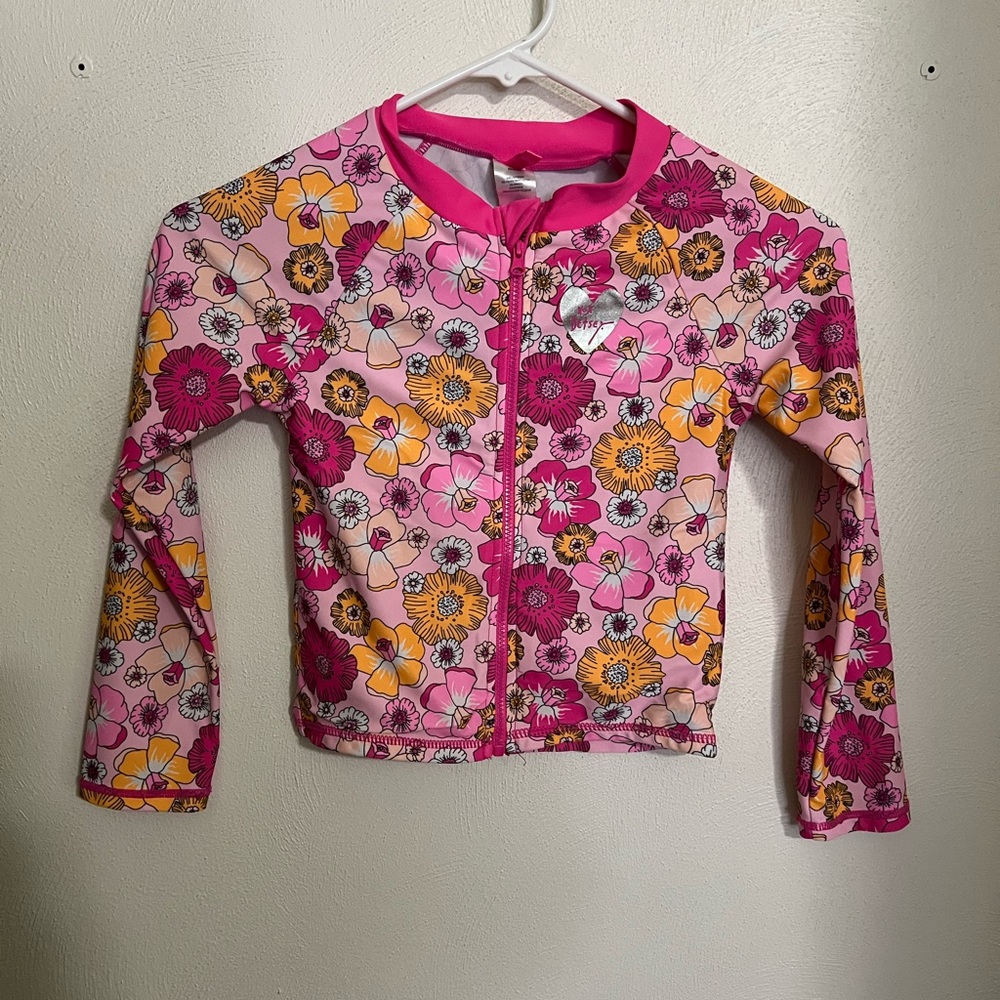 BETSEY JOHNSON Full Zip Floral Swim Rash Guard Pink Orange Girl's Size 10 EUC